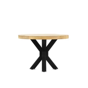 De Salontafel 80 x 80 CM Rond heeft een licht houten rond blad en een zwart metalen onderstel met vier schuine poten, tegen een effen witte achtergrond.