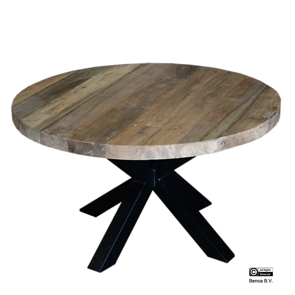 De Salontafel Teak 80 x 80 CM Rond Teakhout heeft een dik, natuurlijk teak houten rond blad en stevige zwart metalen poten in een X-vorm.