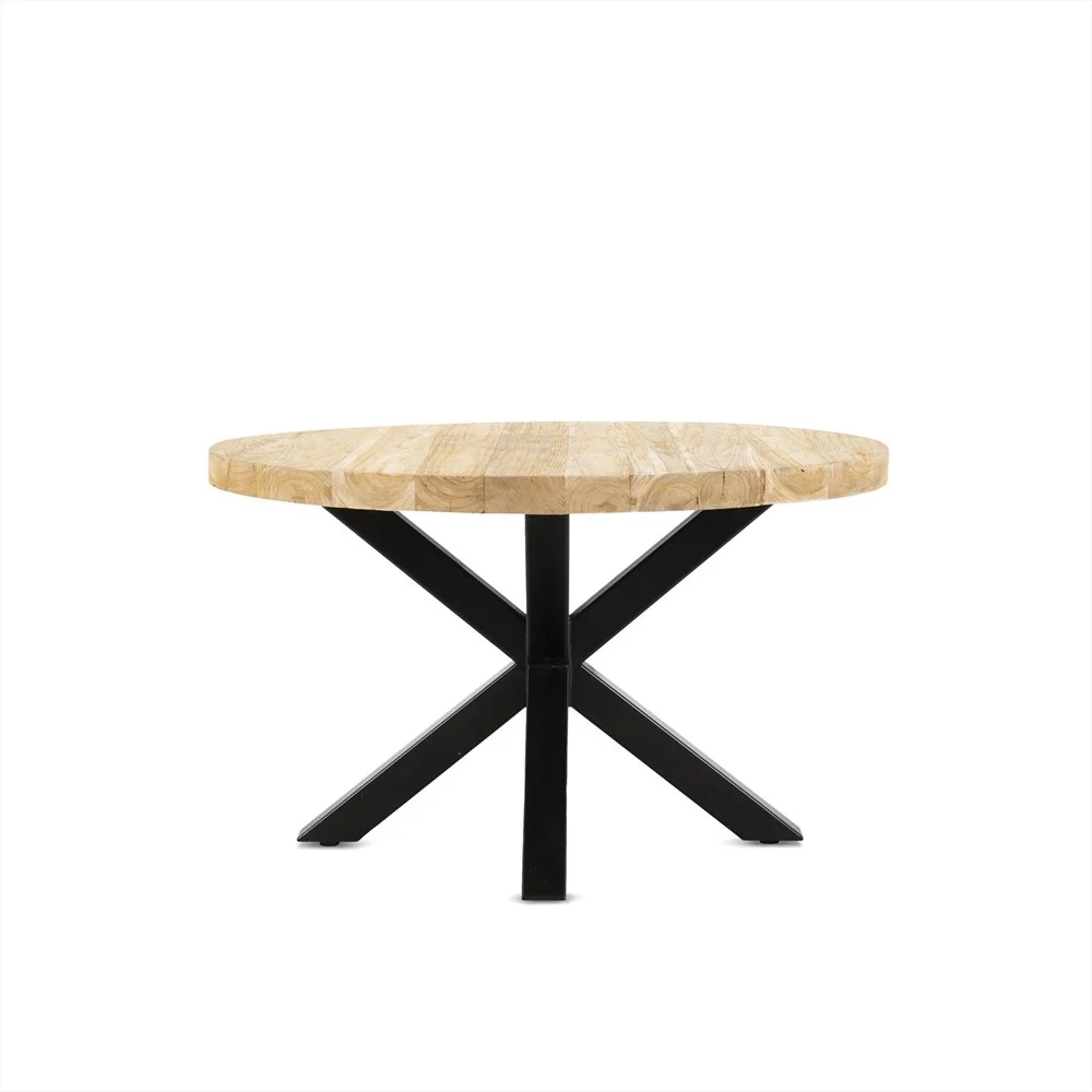Een Salontafel Zwart, Teak Rond Teakhout met een licht houten rond blad en een zwart metalen X-vormig onderstel, afgebeeld tegen een effen witte achtergrond.