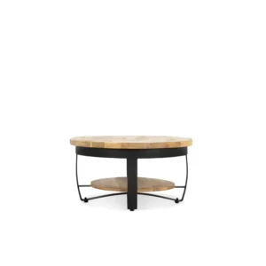 De Salontafel Zwart is een moderne, minimalistische vierkante salontafel (65 x 65 cm) met een houten blad, onderste plank en stevige zwarte metalen poten, afgebeeld tegen een effen witte achtergrond.