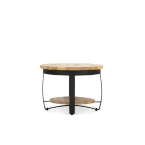 De Sidetable Paras 60 is een ronde houten salontafel met een licht houten blad, onderste plank en zwart metalen frame, tegen een effen witte achtergrond.