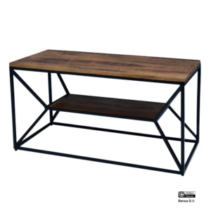 De Salontafel 90 x 45 CM Rechthoek heeft een modern industrieel ontwerp met een houten blad en plank, ondersteund door een zwart metalen frame met opvallende geometrische lijnen.