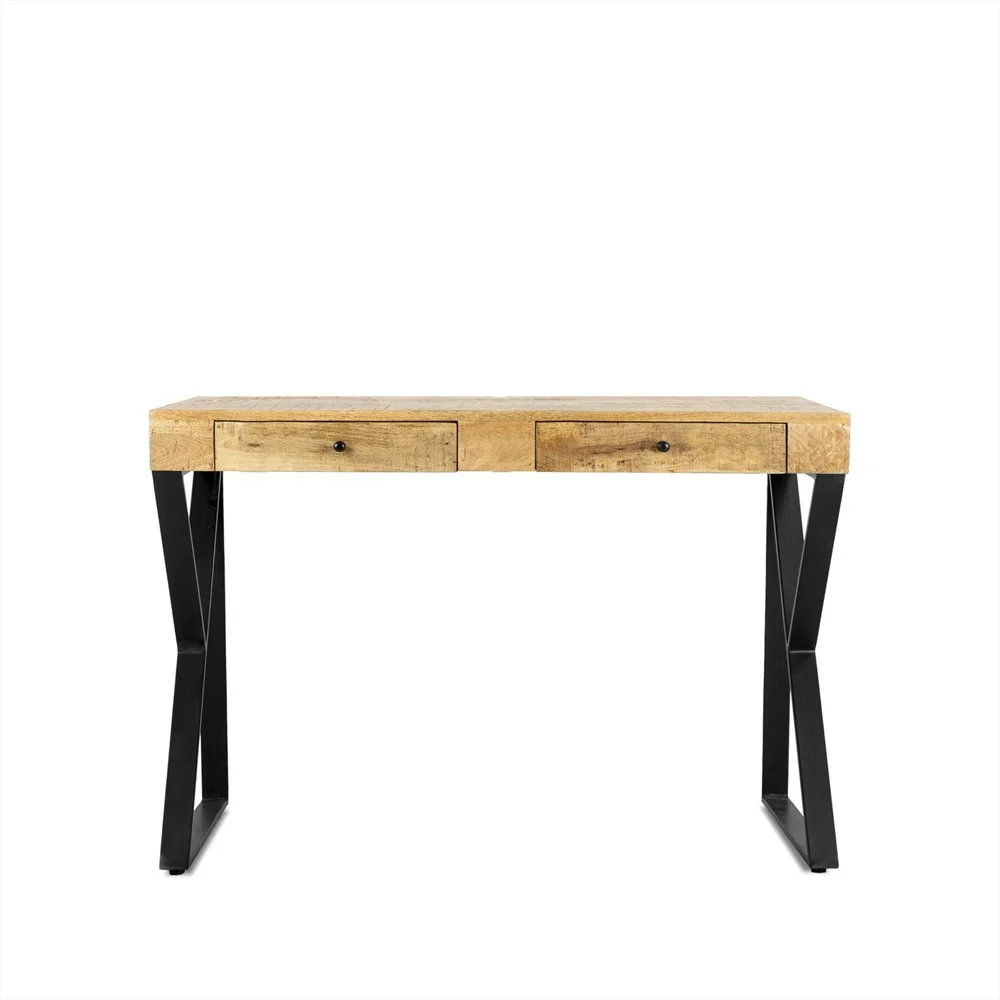 Bureau 120 met opberglades. Compacte werkplek met houten blad en zwart metalen frame.