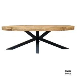 De Salontafel Roest, een ronde salontafel van 70 x 45 cm, heeft een dik, licht getint mangohout blad en zwarte metalen X-vormige poten, tegen een effen witte achtergrond.