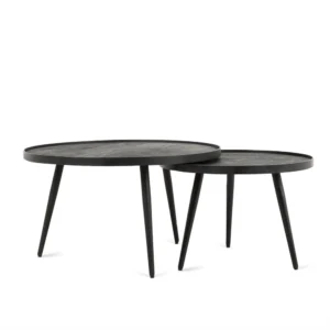 De Salontafel Zwart 76 x 44 CM Rond is een set van twee ronde zwarte salontafels met een minimalistisch ontwerp, elk met drie slanke, taps toelopende poten. De grotere tafel overlapt de kleinere gedeeltelijk, alles tegen een witte achtergrond.