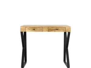 Bureau 90 met lades. Ruimtebesparend design met houten blad en zwart metalen poten.