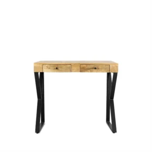 Bureau 90 met lades. Ruimtebesparend design met houten blad en zwart metalen poten.