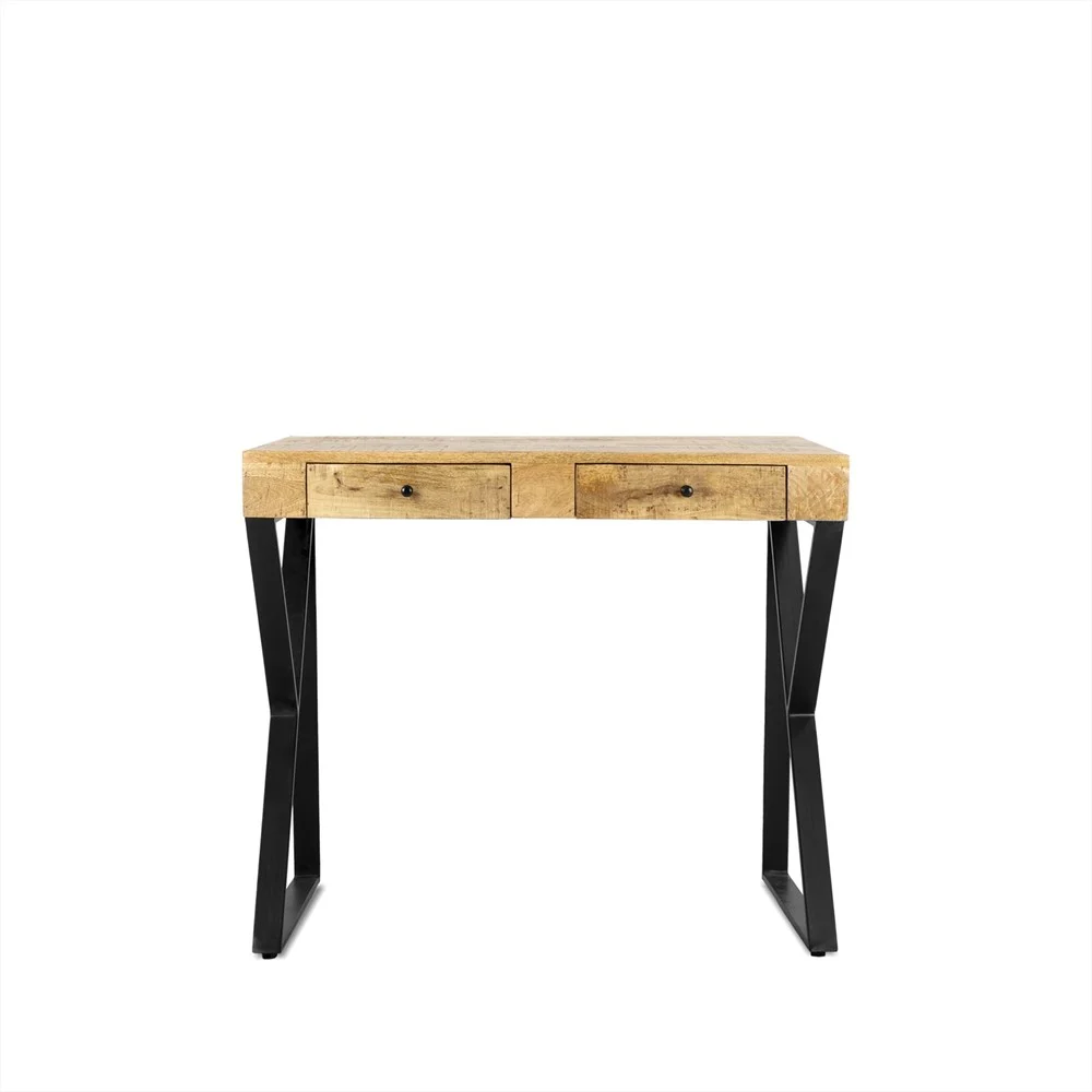 Bureau 90 met lades. Ruimtebesparend design met houten blad en zwart metalen poten.