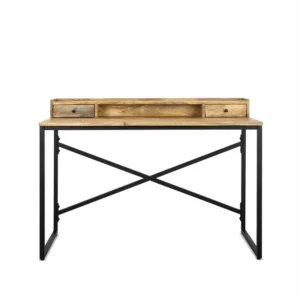 Bureau 120 met 2 laden. Ruimtebesparend bureau van hout met zwart metalen frame.