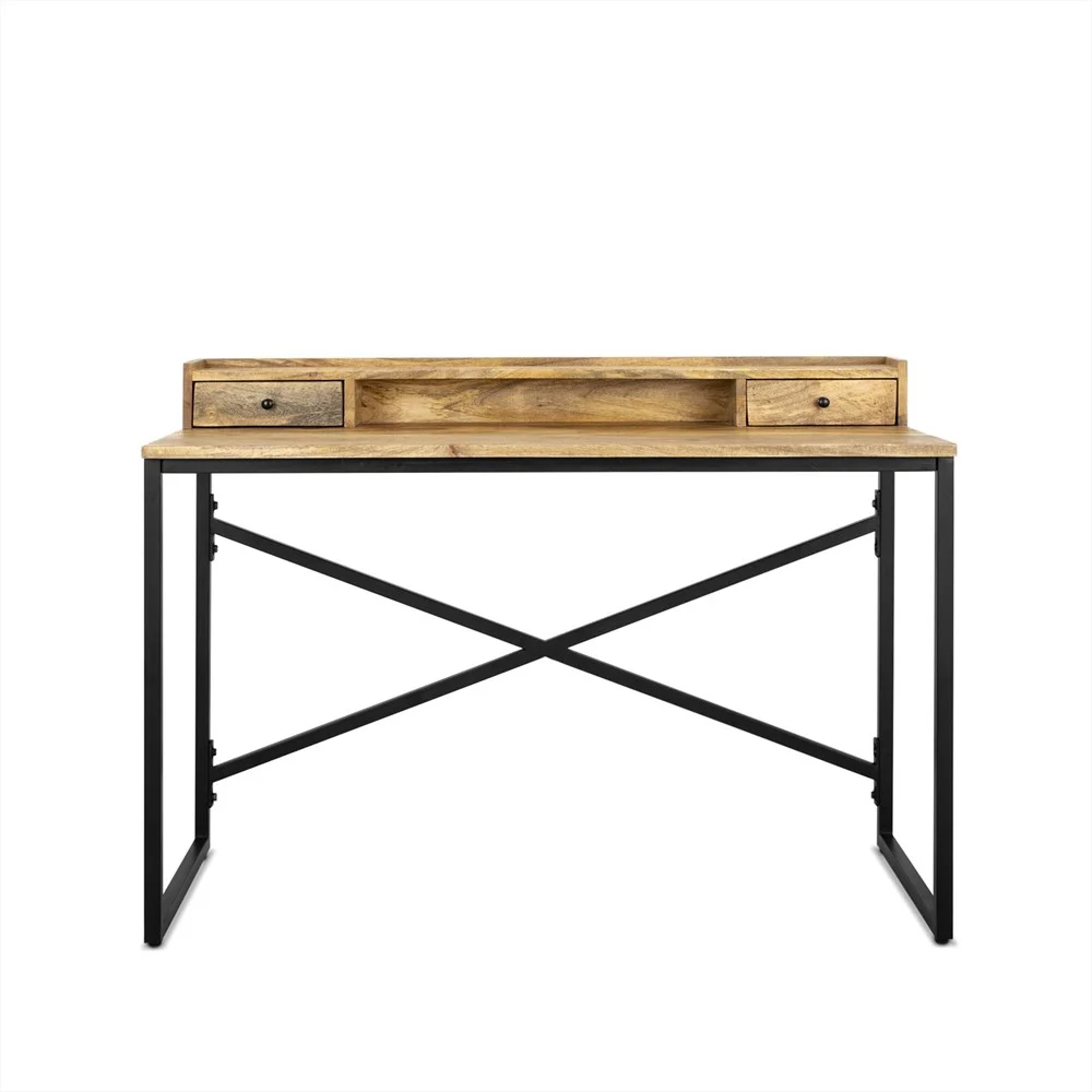 Bureau 120 met 2 laden. Ruimtebesparend bureau van hout met zwart metalen frame.