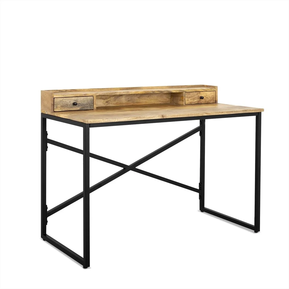 Bureau 120 met 2 laden. Ruimtebesparend design met zwart metalen frame en houten blad.