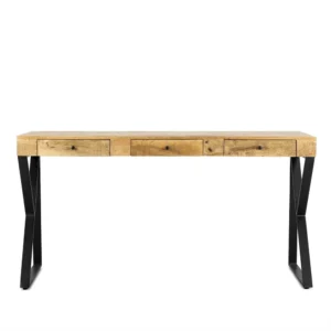 Industrieel bureau 150 cm met stalen frame en 3 lades. Modern bureau voor kantoor of thuiswerkplek.