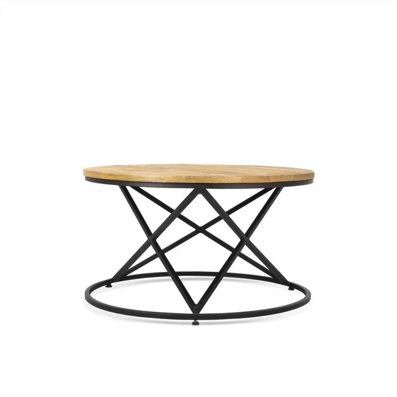 De Salontafel 70 x 70 CM Vierkant Design is een vierkante salontafel met een licht houten blad en een zwart metalen onderstel met kruisende geometrische lijnen voor een moderne, minimalistische look.