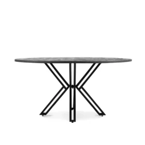 De Eettafel Rond Yana Zwart 140 is een ronde tafel met een donker, glad blad en een modern zwart metalen onderstel met kruisende schuine poten, tegen een effen witte achtergrond.