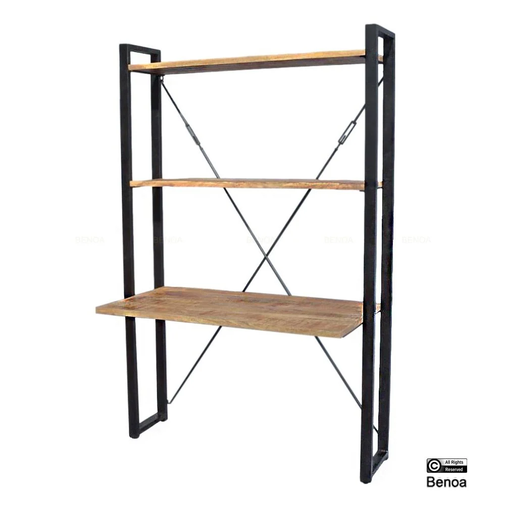 Compact wandmodel bureau, ruimtebesparend voor thuiswerkplek. Houten blad en metalen frame.