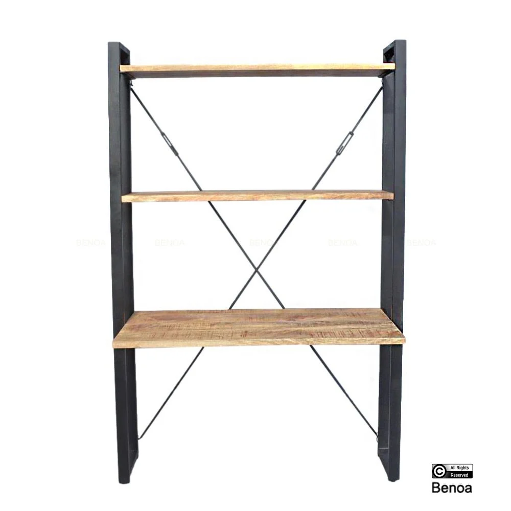 Compact wandbureau, ruimtebesparend model. Ideaal als thuiswerkplek, met houten planken en zwart metalen frame.
