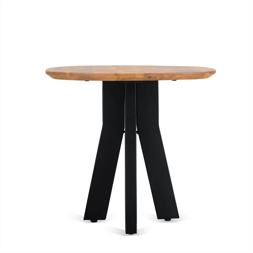 De Bijzettafel Deens Ovaal Runa 60 is een ronde houten tafel met een glad, lichtbruin blad en stevige zwart metalen poten in een hoekig ontwerp, afgebeeld tegen een effen witte achtergrond.