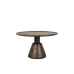 De Salontafel 75 x 75 CM Rond Design is een ronde houten tafel met een donkere afwerking, een dik blad en een stevig kegelvormig voetstuk, afgebeeld op een effen witte achtergrond.