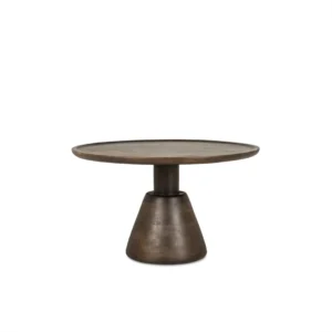 De Salontafel 75 x 75 CM Rond Design is een ronde houten tafel met een donkere afwerking, een dik blad en een stevig kegelvormig voetstuk, afgebeeld op een effen witte achtergrond.