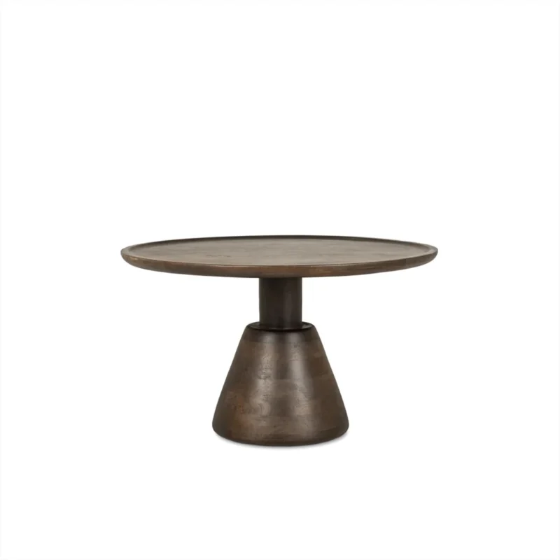 De Salontafel 75 x 75 CM Rond Design is een ronde houten tafel met een donkere afwerking, een dik blad en een stevig kegelvormig voetstuk, afgebeeld op een effen witte achtergrond.
