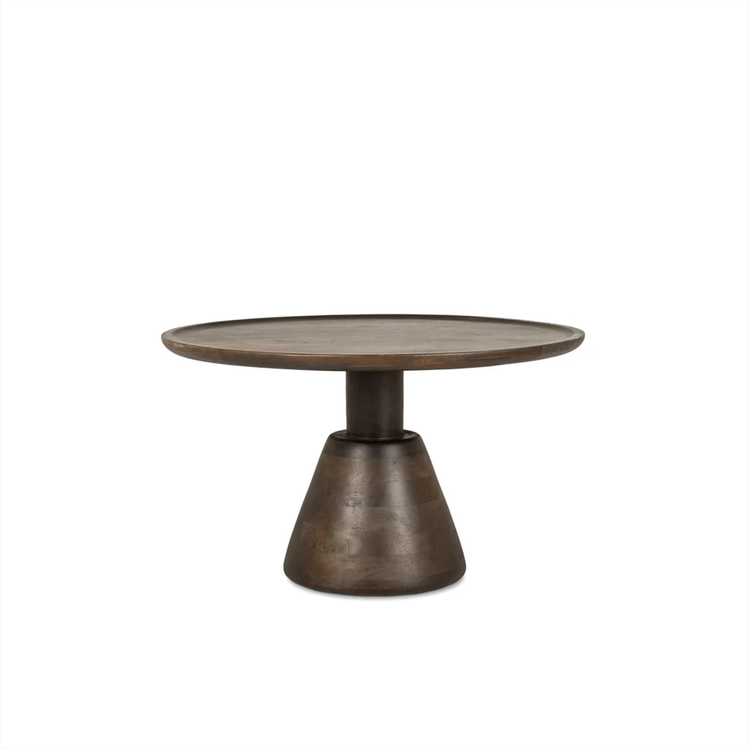 De Salontafel 75 x 75 CM Rond Design is een ronde houten tafel met een donkere afwerking, een dik blad en een stevig kegelvormig voetstuk, afgebeeld op een effen witte achtergrond.