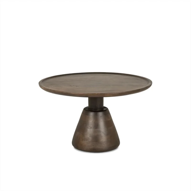 De Salontafel 75 x 75 CM Rond Design is een ronde houten tafel met een breed, plat blad en een dikke, taps toelopende voet in donkerbruin, afgebeeld op een effen witte achtergrond.