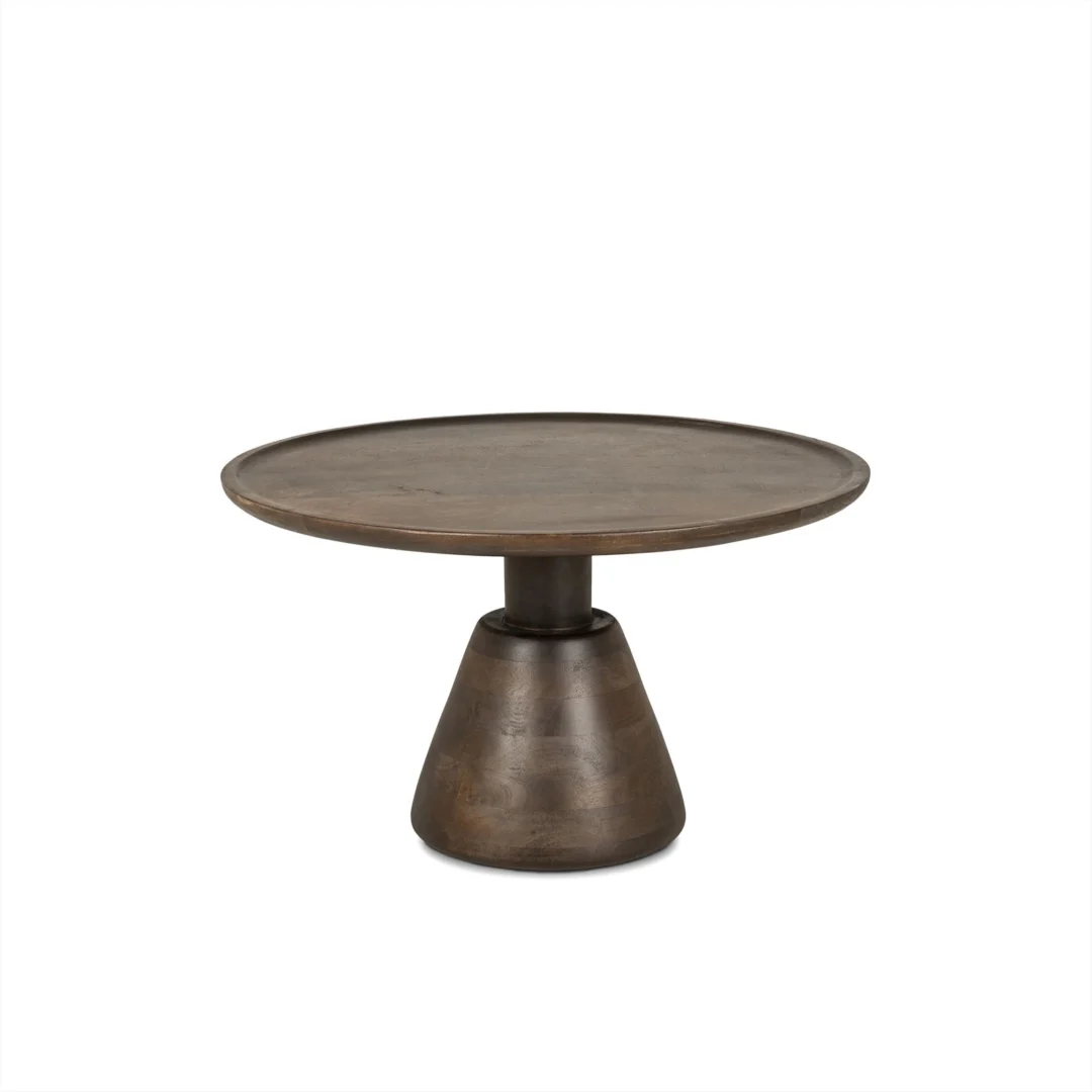 De Salontafel 75 x 75 CM Rond Design is een ronde houten tafel met een breed, plat blad en een dikke, taps toelopende voet in donkerbruin, afgebeeld op een effen witte achtergrond.