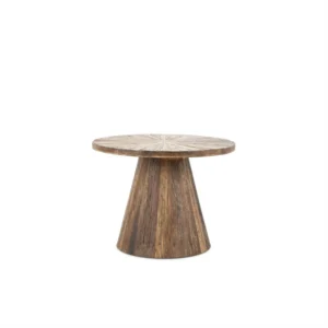 De Salontafel 60 x 60 CM Rond Design heeft een rond houten blad met een zonnestraalpatroon en een brede, taps toelopende basis, tegen een effen witte achtergrond.