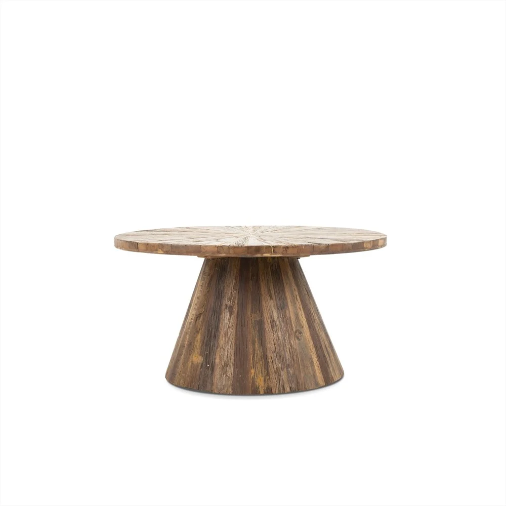 De Salontafel 75 x 75 CM Rond Compact is een ronde houten tafel met een geometrisch voetstuk, natuurlijke houten afwerking en zichtbare nerfpatronen, tegen een effen witte achtergrond.
