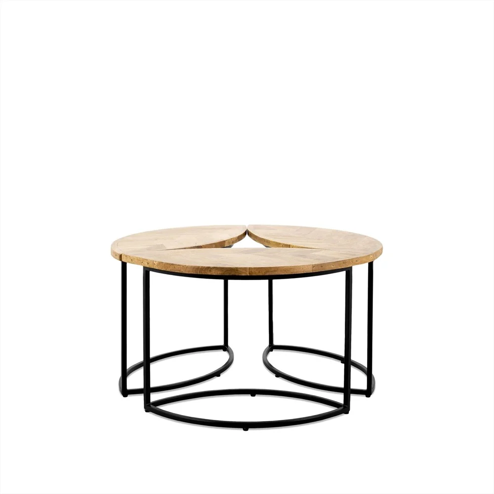 De Salontafel 50 x 85 CM is een ronde salontafel met een licht houten blad dat is opgedeeld in twee delen, ondersteund door een zwart metalen frame met gebogen poten en een open basis, afgebeeld tegen een effen witte achtergrond.