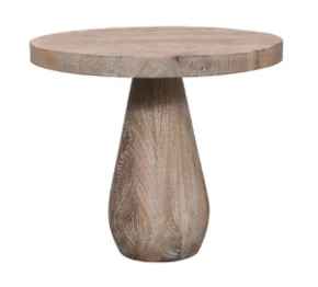 De bijzettafel Rounded Base heeft een dik, plat blad en een brede, taps toelopende voet met een natuurlijke houtnerfafwerking.