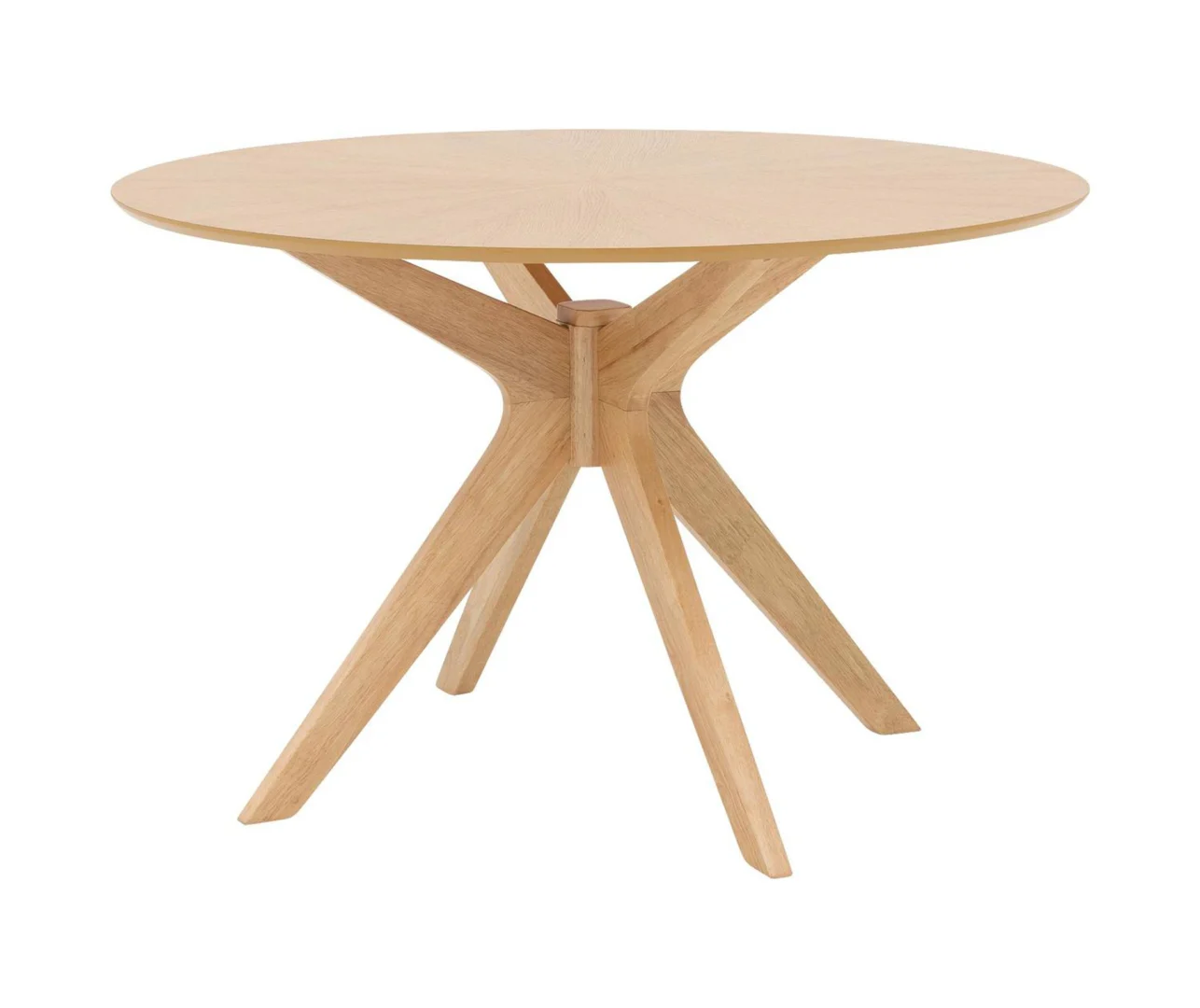 De Julia 120x120 Eetkamertafel Rond Eiken Naturel is een ronde, naturel eiken eettafel met een glad blad en vier schuine poten die een modern geometrisch onderstel vormen, afgebeeld geïsoleerd op een witte achtergrond.
