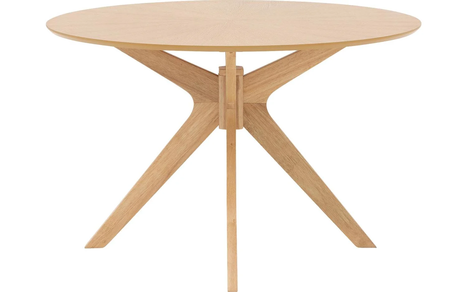 De Julia 120x120 Eetkamertafel Rond Eiken Naturel is een ronde eiken eettafel met een natuurlijke afwerking en een modern minimalistisch ontwerp, met drie schuine poten die in het midden verbonden zijn voor een uniek onderstel.