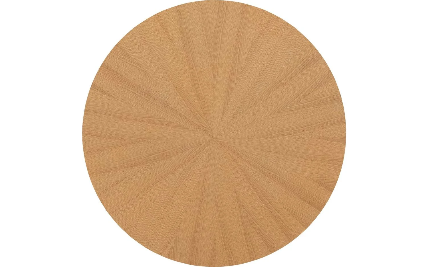 De Julia 120x120 Eetkamertafel Rond Eiken Naturel heeft een rond eiken tafelblad met een radiaal nerfpatroon dat een sunburst-effect creëert in lichtbruine houttinten.
