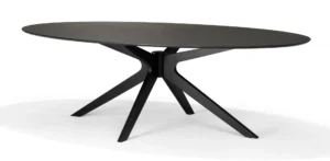 De Salontafel Zwart 120 x 70 CM Ovaal is een moderne ovale tafel van zwart eiken met een glad blad en vier schuine poten die elkaar kruisen, tegen een effen witte achtergrond.