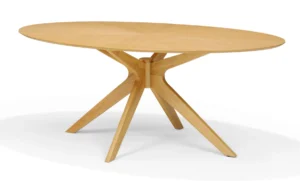 De Julia 200X110 Eetkamertafel Ovaal Eiken Naturel is een licht eiken ovale eettafel met een glad blad en een opvallend, modern onderstel met vier schuine poten die in het midden met elkaar verbonden zijn.