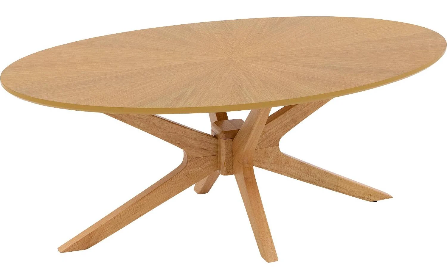 De Salontafel 70 x 46 CM Ovaal Eikenhout is een houten ovale salontafel met een glad blad met sterpatroon en vier schuine poten die elkaar in het midden kruisen.