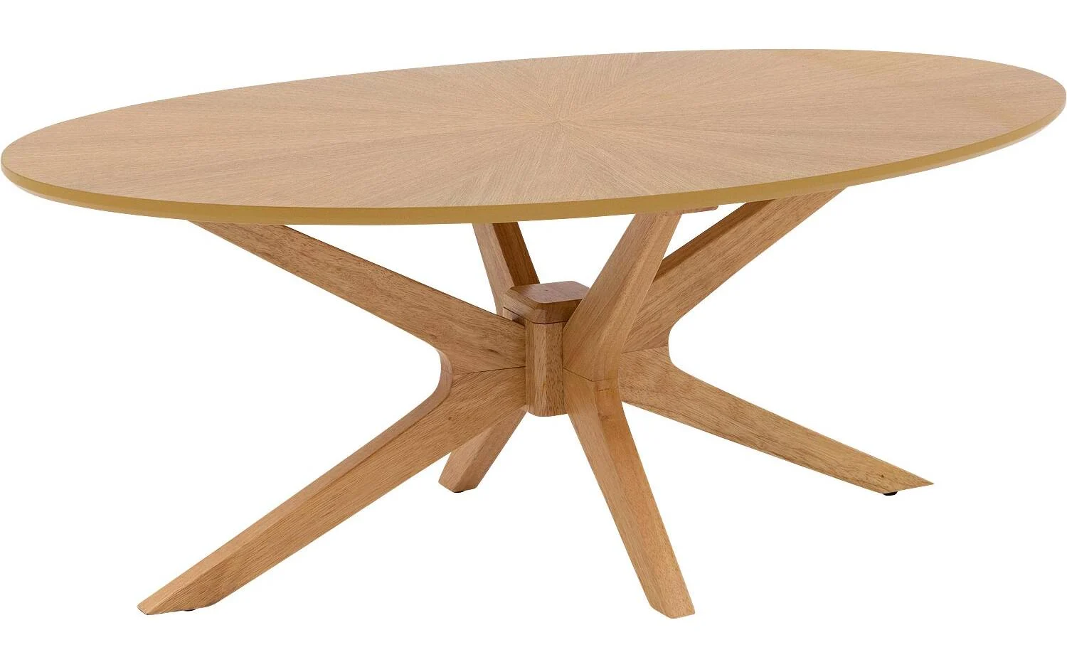 De Salontafel 70 x 46 CM Ovaal Eikenhout is een ovale salontafel van licht hout met een glad blad en vier schuine poten die in het midden verbonden zijn, afgebeeld tegen een witte achtergrond.