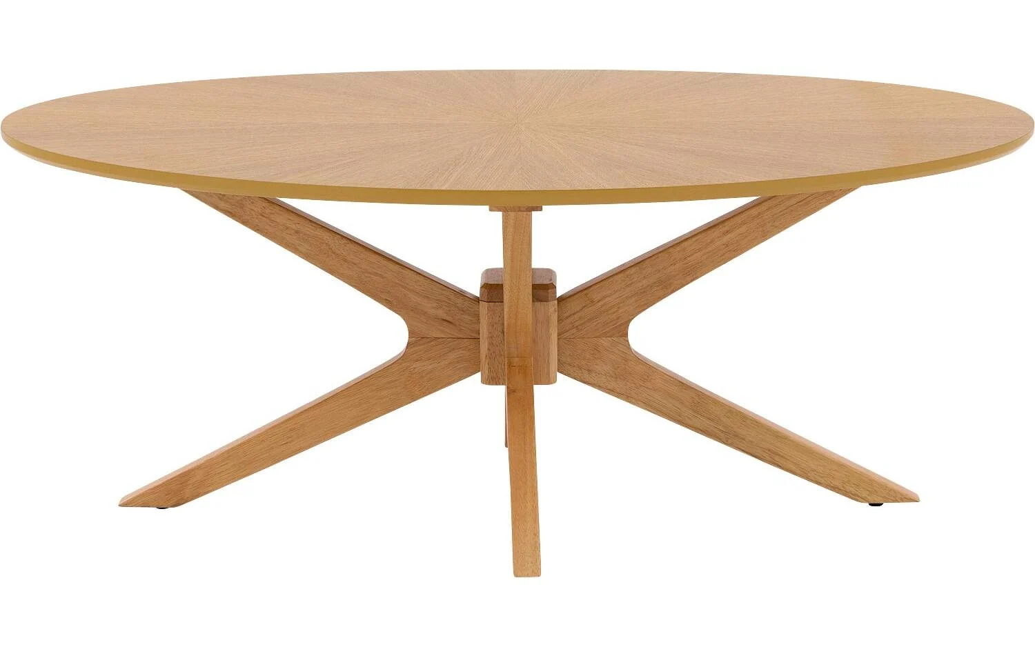 De Salontafel 70 x 46 CM Ovaal Eikenhout is een ovale eiken salontafel met een lichte afwerking, met een sunburst patroon op het blad en een karakteristiek X-vormig onderstel.