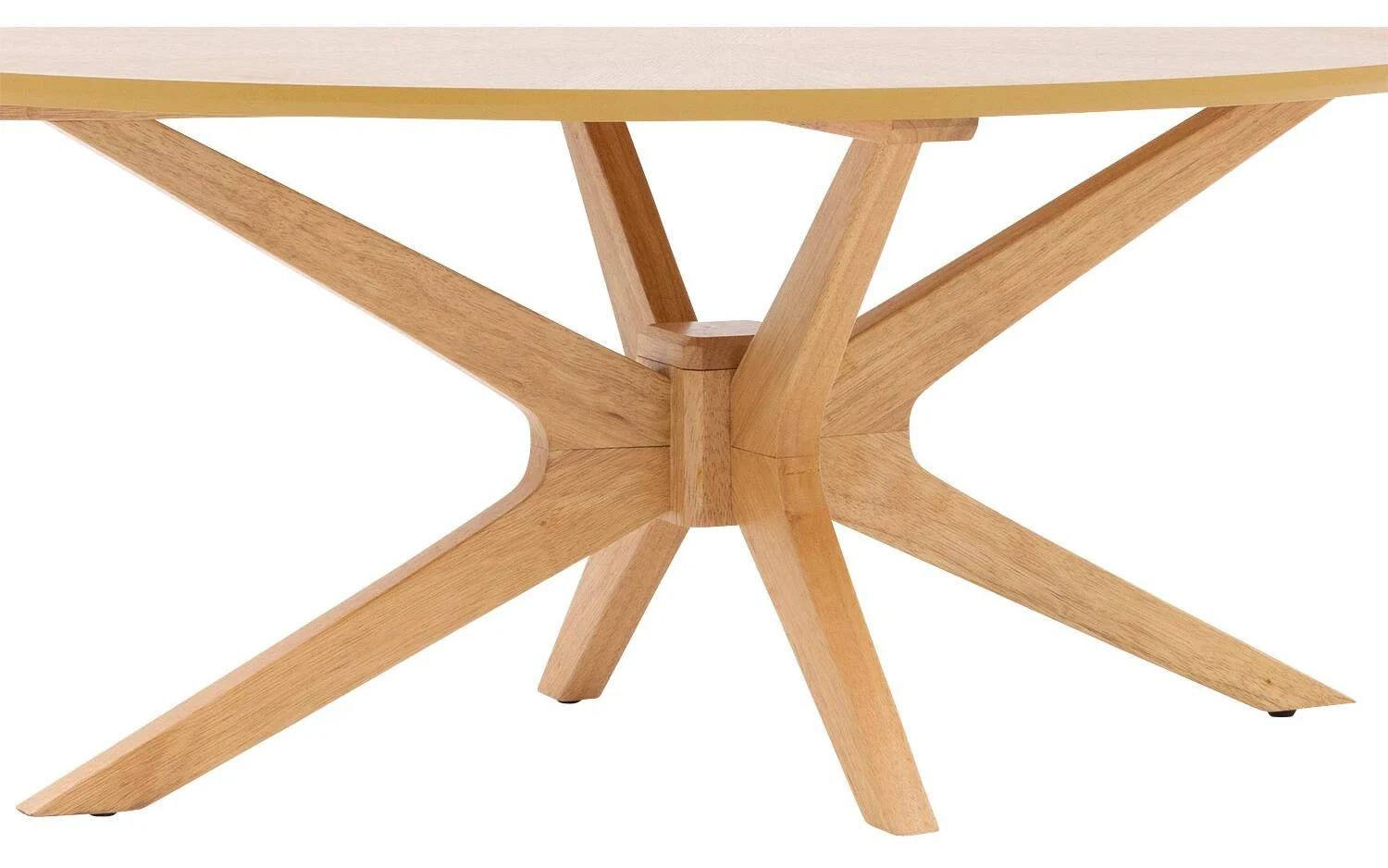 Een close-up van de Salontafel 70 x 46 CM Ovaal Eikenhout, die het moderne, geometrische ontwerp laat zien met vier naar buiten uitstekende poten vanaf een centrale basis. De ovale eiken tafelbladrand en een deel van het voetstuk zijn zichtbaar.