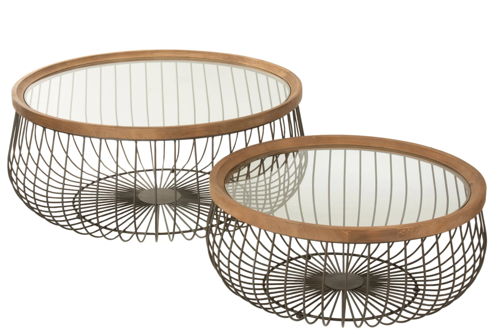 De Salontafel Zwart 100 CM Rond Metaal is een set van twee ronde salontafels met draadmetalen onderstellen, houten randen en glazen bladen. De ene tafel is groter en langer, de andere kleiner en korter. Ze kunnen overlapt worden voor een stijlvolle look.