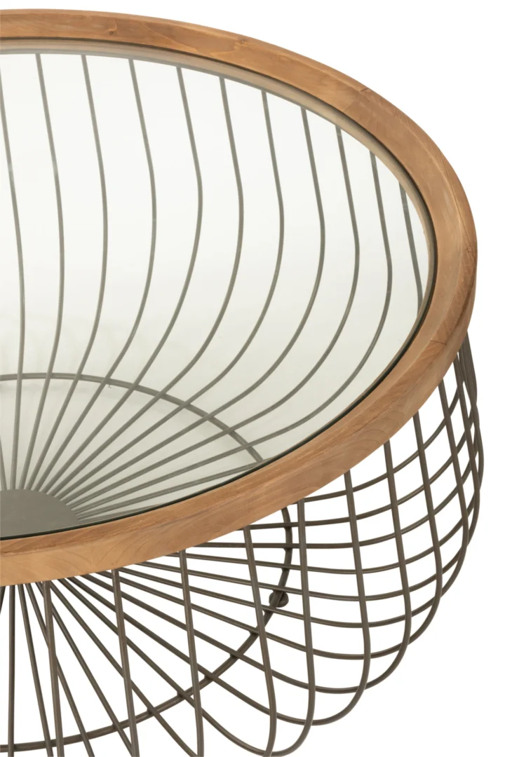 De Salontafel Zwart 100 CM Rond Metaal is een ronde salontafel met een glazen blad, een houten rand en een open metalen draadvoet met een geometrisch patroon. De foto is van bovenaf genomen, waardoor het oppervlak en de structurele details van de tafel worden benadrukt.