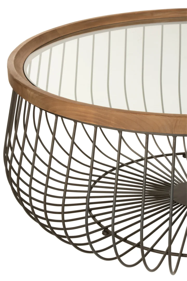 De Salontafel Zwart 100 CM Rond Metaal is een ronde salontafel met een glazen blad, houten rand en een cirkelvormig open geometrisch metalen draadonderstel.