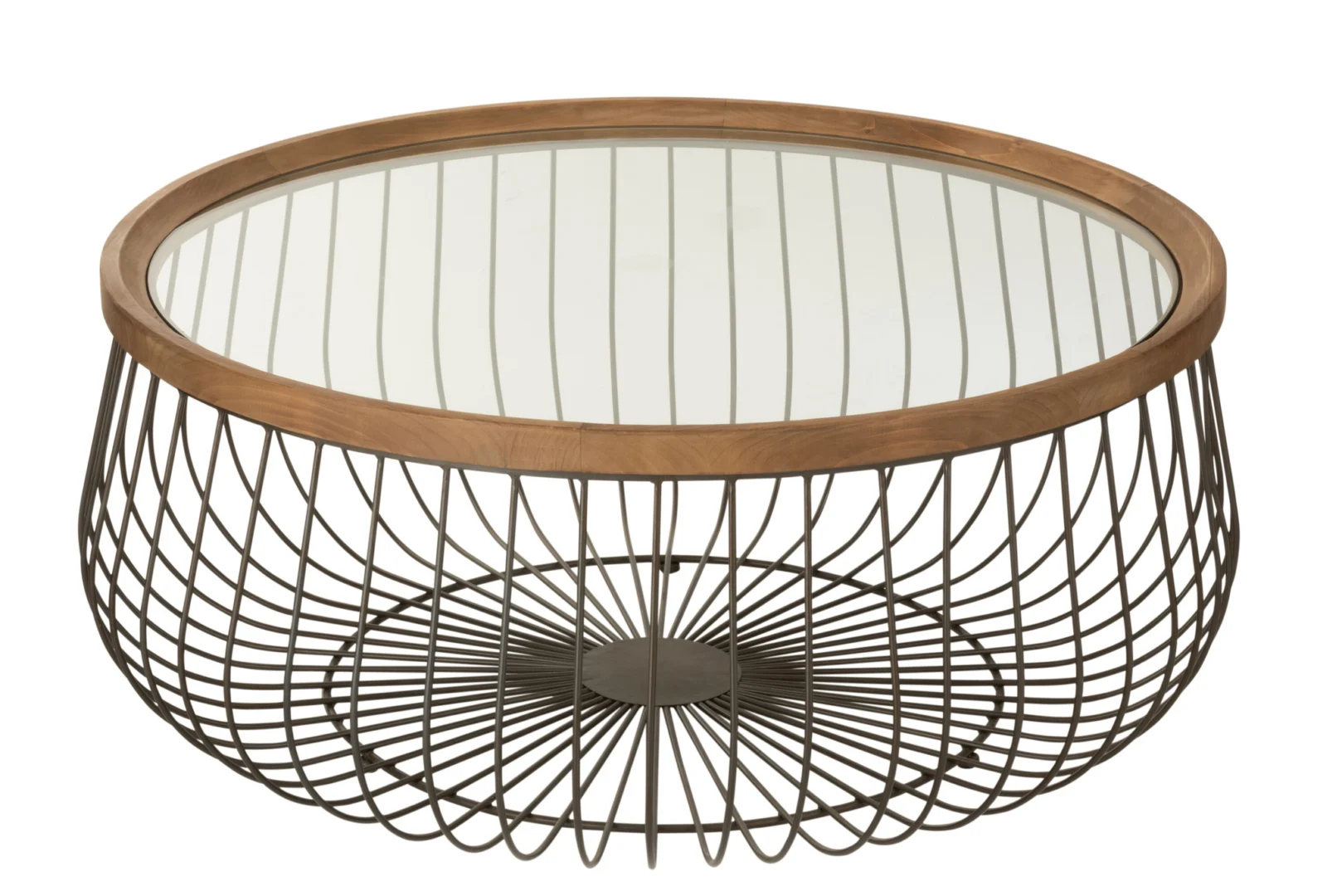 De Salontafel Zwart 100 CM Rond Metaal is een moderne, luchtige salontafel met een rond glazen blad omlijst met hout en een open, komvormig metalen draadonderstel.