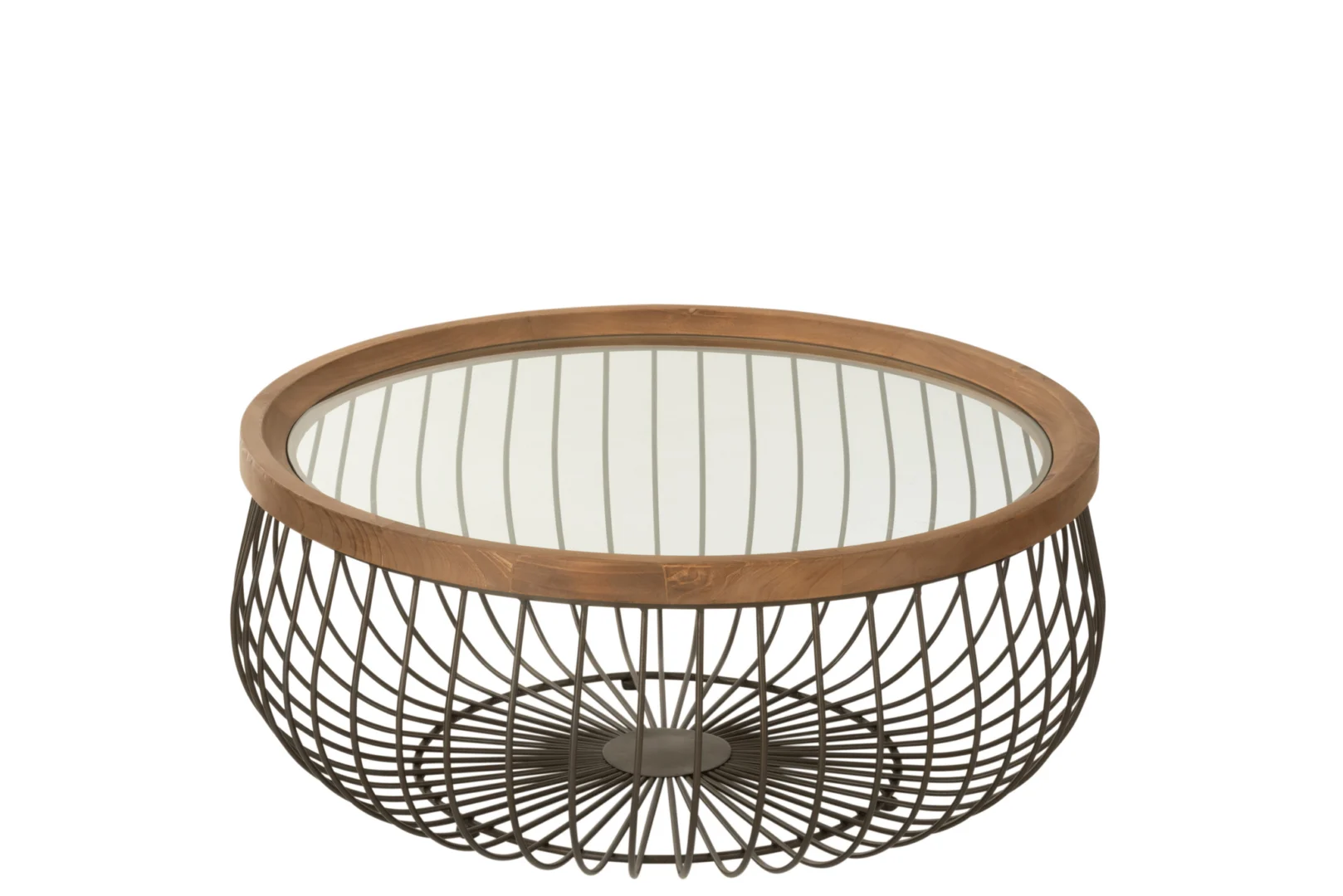 Salontafel Zwart 100 CM Rond Metaal heeft een rond glazen blad, een houten rand en een open metalen onderstel tegen een witte achtergrond.