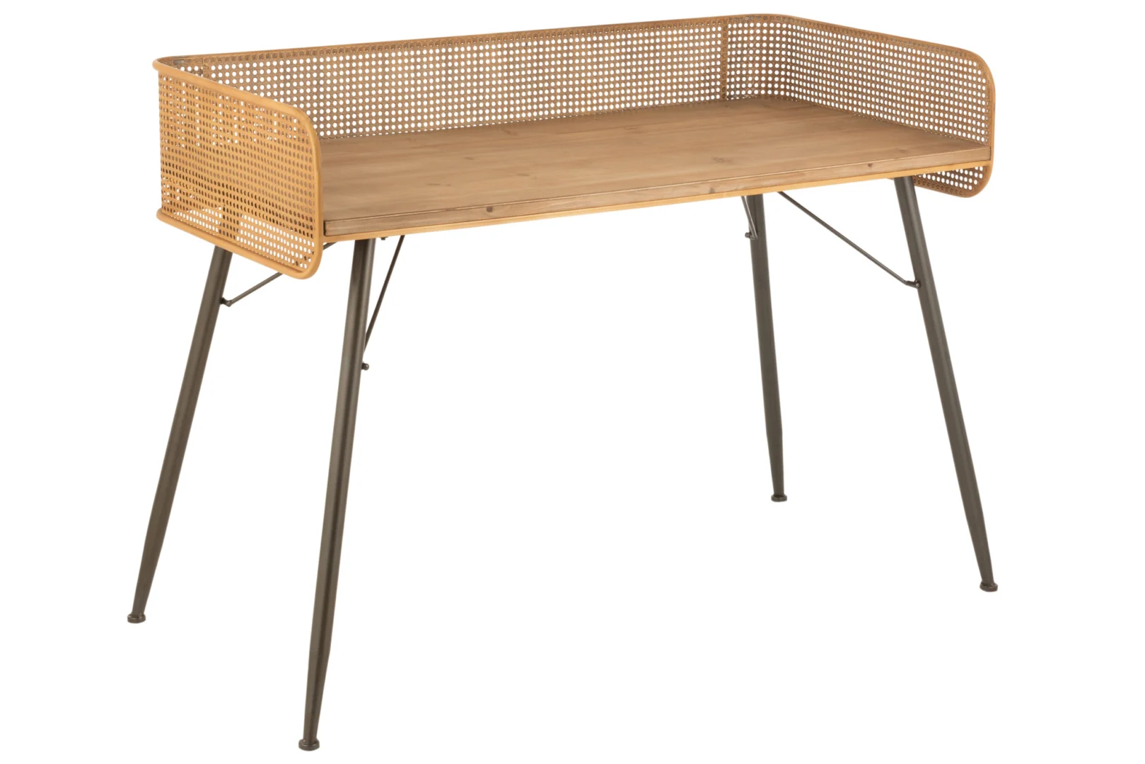 Industrieel bureau 126x64 cm. Eikenhouten blad, zwart metalen poten en naturel rotan details. Stijlvol en functioneel.