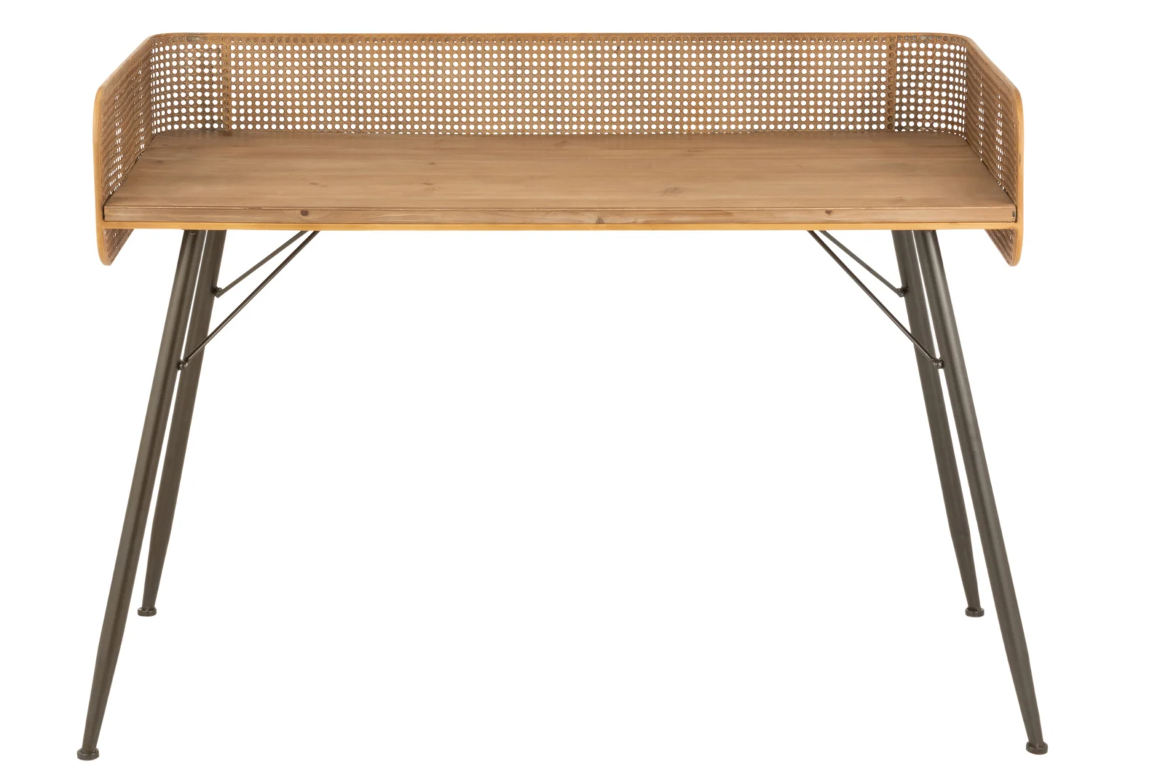 Industrieel bureau van eikenhout en metaal. Naturel blad, zwart frame, 126x64x106 cm.