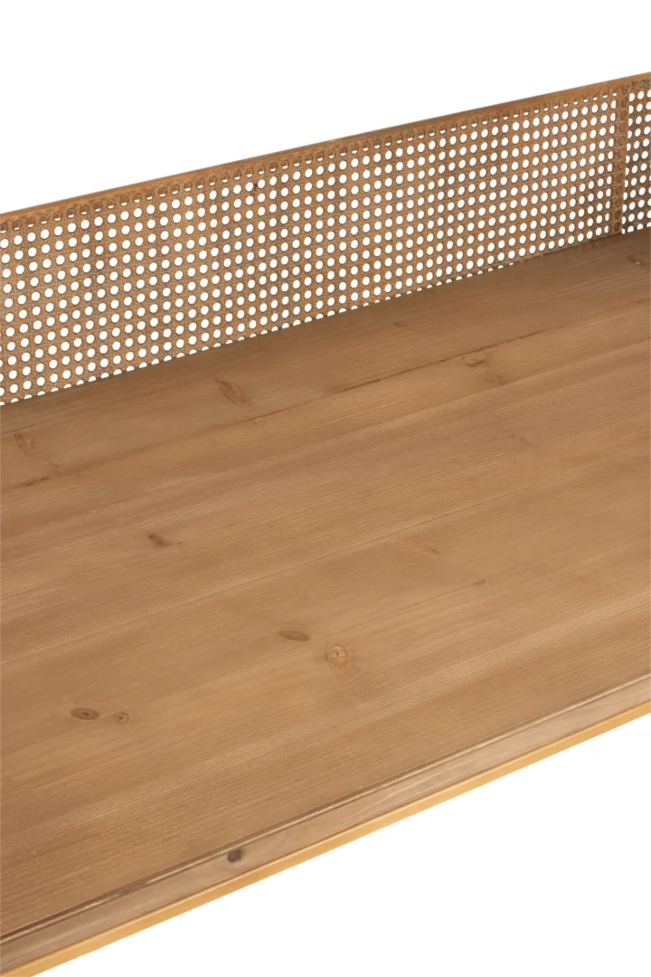 Detail van eikenhouten bureau 126x64 cm. Naturel blad, industrieel metalen frame met rotan accent.