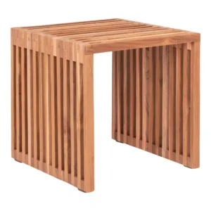 De Pego Bijzettafel is een rechthoekige bijzettafel van 40x40x40 cm gemaakt van natuurlijk teakhout, met een modern, open lattenontwerp aan de zijkanten en bovenkant.