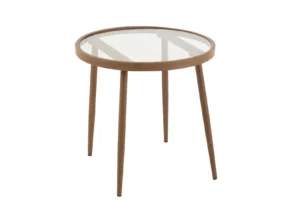 De Bijzettafel Rond Metaal/Glas Donkerbruin is een ronde bijzettafel met een helder glazen blad en vier slanke donkerbruine metalen poten, met een minimalistisch en modern ontwerp.